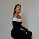 Vestido Longo Ombro a Ombro Com Manga Longa Preto