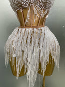 Macaquinho Em Tule Sem Manga Com Pérolas e Franjas Branco