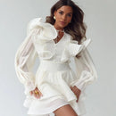 Vestido Curto Manga Longa Com Babados em Crepe Branco