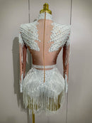 Macaquinho De Tule Manga Longa Com Pedrarias e Franjas