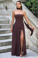 Vestido Longo Assimétrico Sobreposto Com Lenço Vermelho