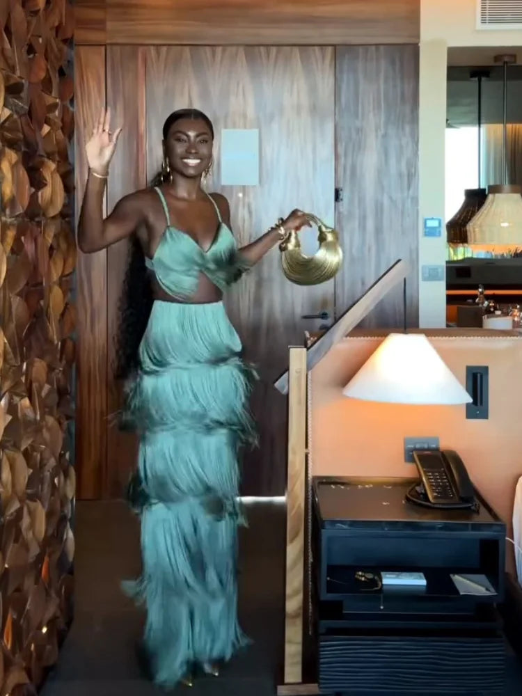 Conjunto 2 Peças Todo Em Franjas Top + Calça Verde