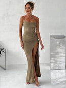 Vestido Longo Um Ombro Só Com Fenda Drapeado