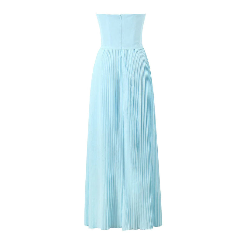 Vestido Longo Chiffon Plissado Tomara Que Caia Azul Ciano