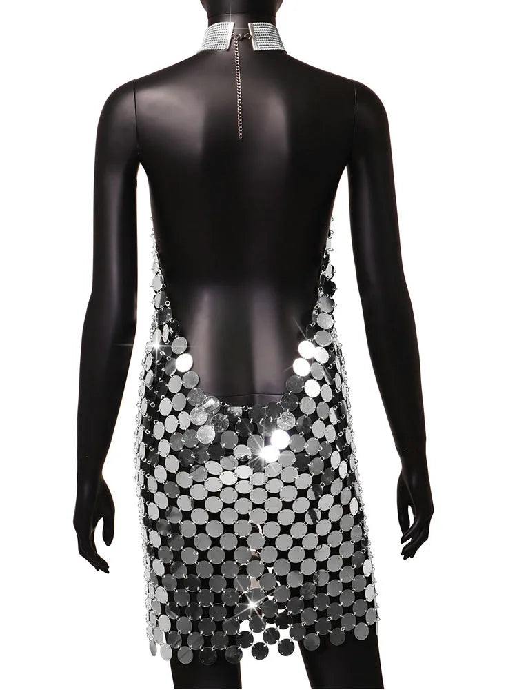 Vestido Curto De Lantejoulas Gola Halter Prata