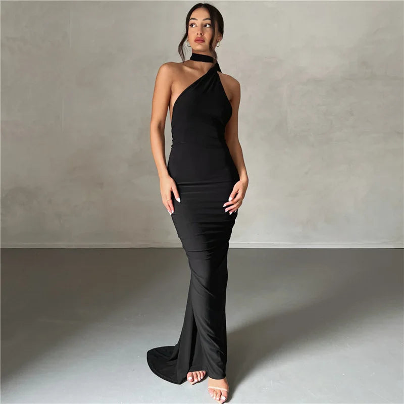 Vestido Longo Drapeado Um Ombro Só Preto