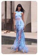 Vestido Longo Franzido de Malha com Recortes e Franjas Azul