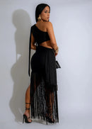 Vestido Longo Um Ombro Diagonal Só Com Franjas Bege