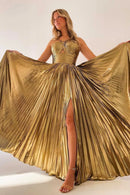 Vestido Longo Metalizado Plissado Dourado