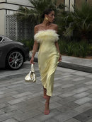 Vestido Longo Em Cetim Com Plumas Tomara Que Caia Amarelo