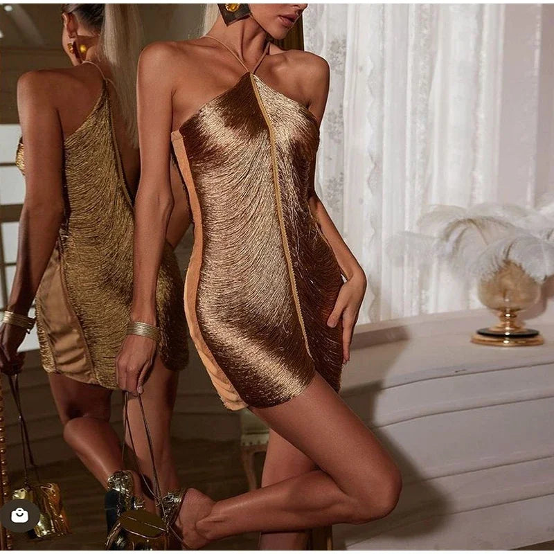 Vestido Midi De Franjas Gola Halter Dourado
