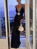 Vestido Longo De Musseline Alça Fina Flor 3D Preto