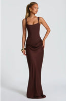 Vestido Longo Estilo Corset Com Alças Finas Marrom