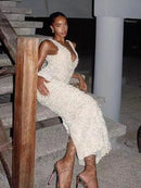 Vestido Longo Com Fenda Flores 3D Off White