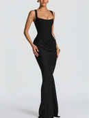 Vestido Longo Estilo Corset Com Alças Finas Marrom