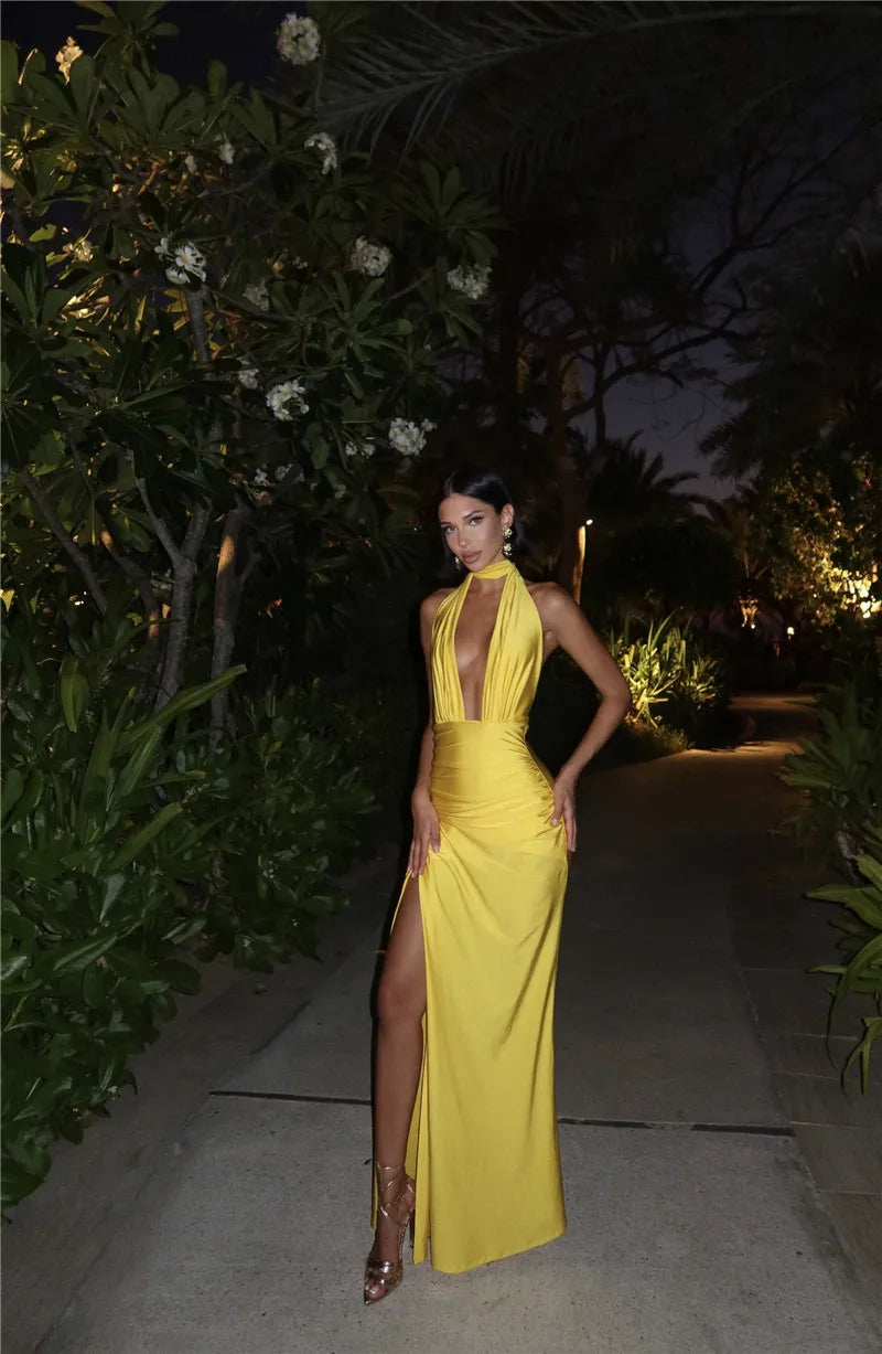 Vestido Longo Recorte Reto Com Fenda Amarelo