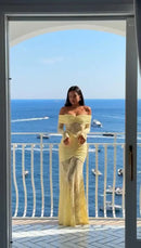 Vestido Longo Estilo Sereia Ombro a Ombro Amarelo