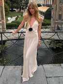 Vestido Longo De Musseline Alça Fina Flor 3D Branco