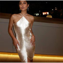 Vestido Midi De Franjas Gola Halter Dourado