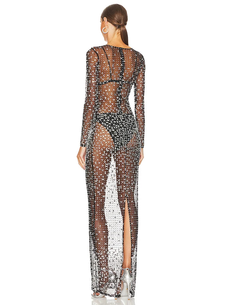 Vestido Longo Segunda Pele Com Strass Nude