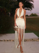 Vestido Longo De Franjas Com Recortes Assimétricos Off White