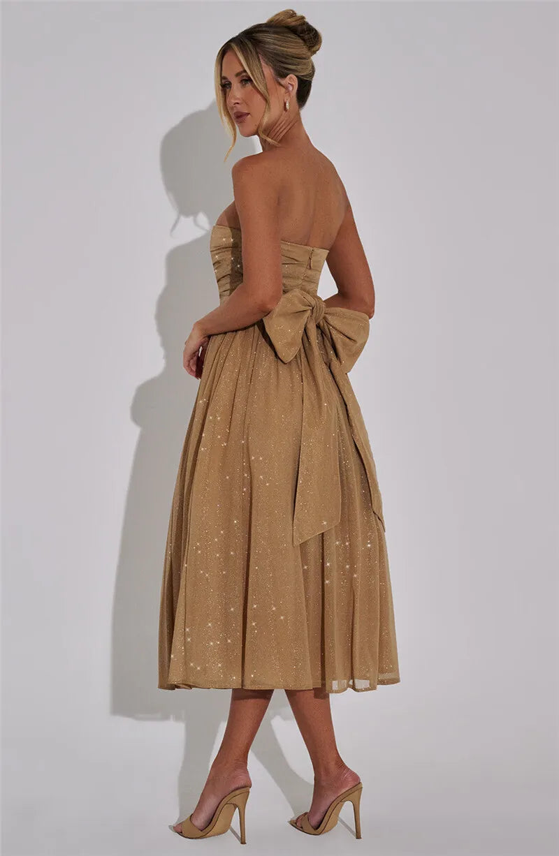 Vestido Midi Rodado Tomara Que Caia Em Lurex Brilhoso Bege