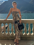 Vestido Longo Bordado De Lantejoulas Alça Fina Pink