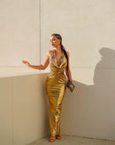 Vestido Longo Metalizado Gola V Dourado