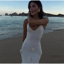 Vestido Longo Decote V Flores 3D Off White