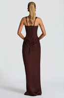 Vestido Longo Estilo Corset Com Alças Finas Marrom