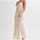 Vestido Longo Decote V Flores 3D Off White