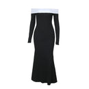 Vestido Longo Ombro a Ombro Com Manga Longa Preto