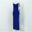 Vestido Longo Cauda Drapeada Alça Fina Azul