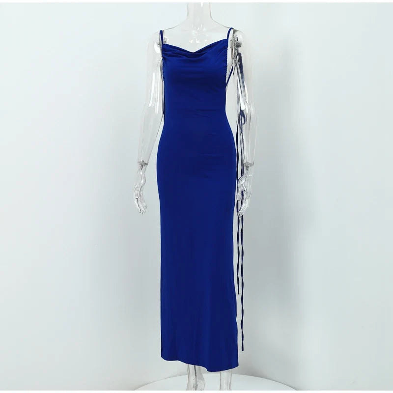 Vestido Longo Cauda Drapeada Alça Fina Azul