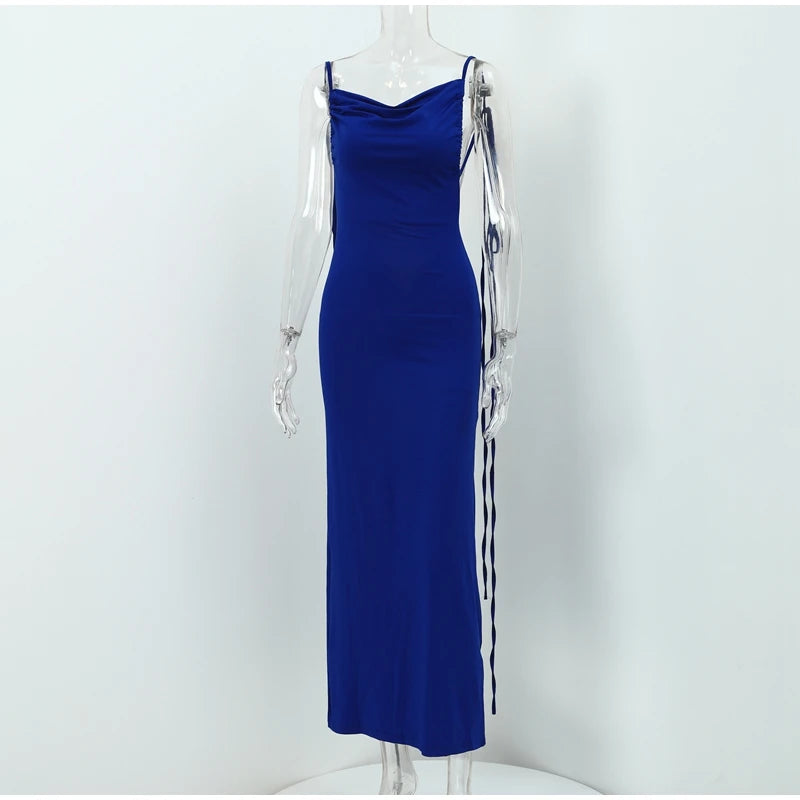 Vestido Longo Cauda Drapeada Alça Fina Preto