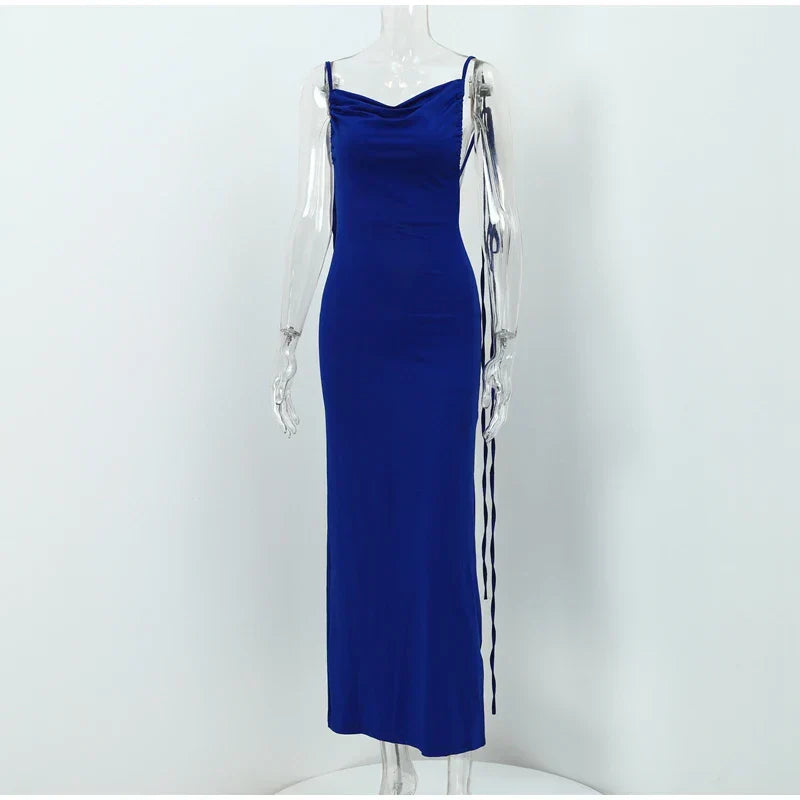 Vestido Longo Cauda Drapeada Alça Fina Rosa