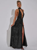 Vestido Longo Todo em Lurex Brilhoso Com Fenda Frontal Bege