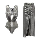 Conjunto 2 Peças Maiô e Saia Acetinado Dourado