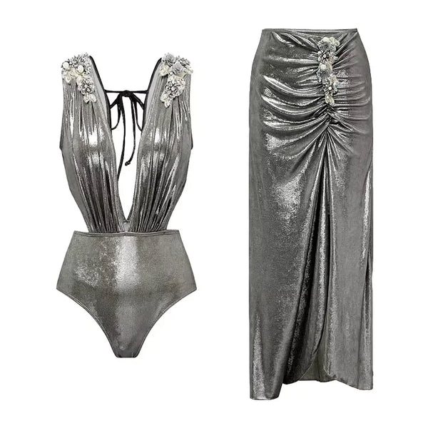 Conjunto 2 Peças Maiô e Saia Acetinado Prateado