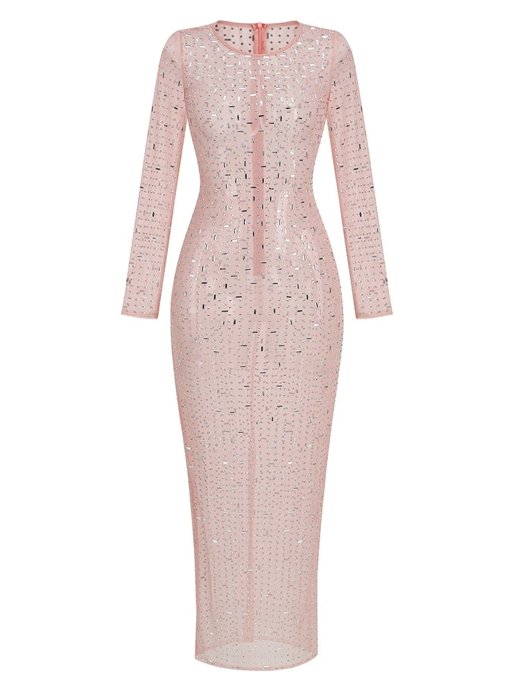 Vestido Longo Segunda Pele Com Strass Nude