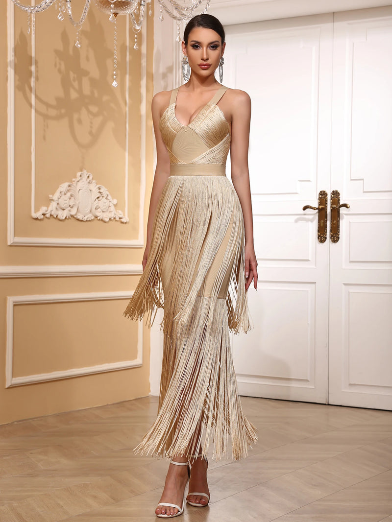 Vestido Longo De Malha Todo Em Franjas Pink