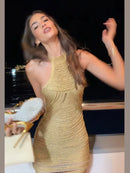 Vestido Curto De Franjas Gola Halter Com Brilho Dourado