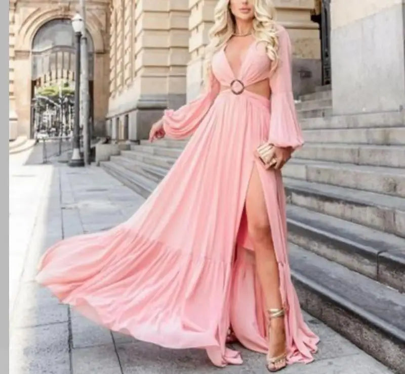 Vestido Longo Manga Longa Com Fenda em Musseline Rosa