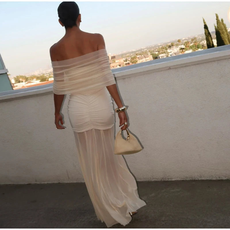 Vestido Longo Ombro a Ombro Off White Elegant