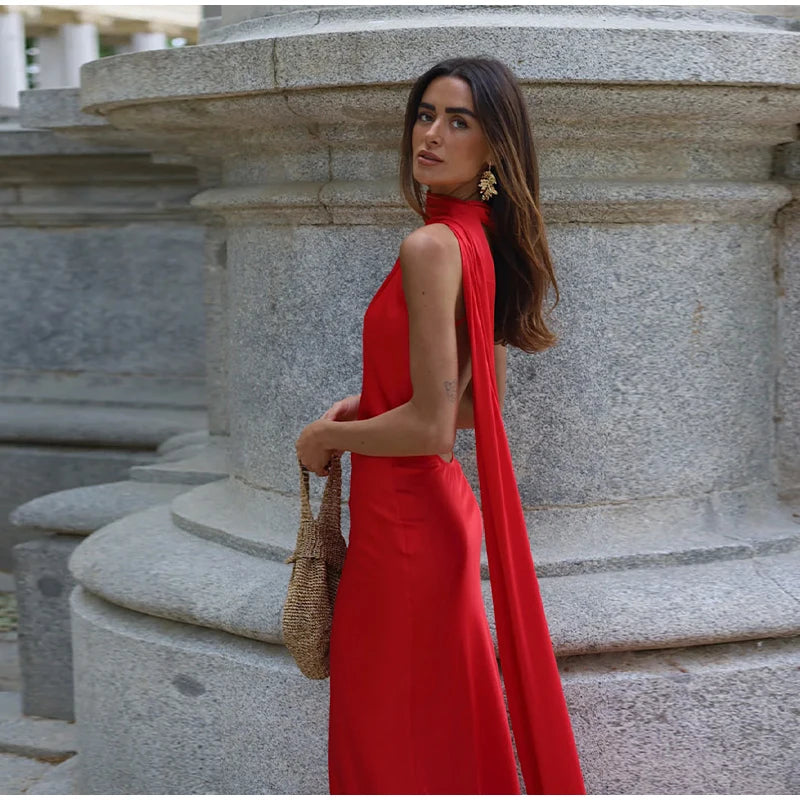 Vestido Longo Cetim Um Ombro Só Com Amarração No Pescoço Amarelo