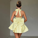 Vestido Curto Rodado Decote V Com Laço Amarelo