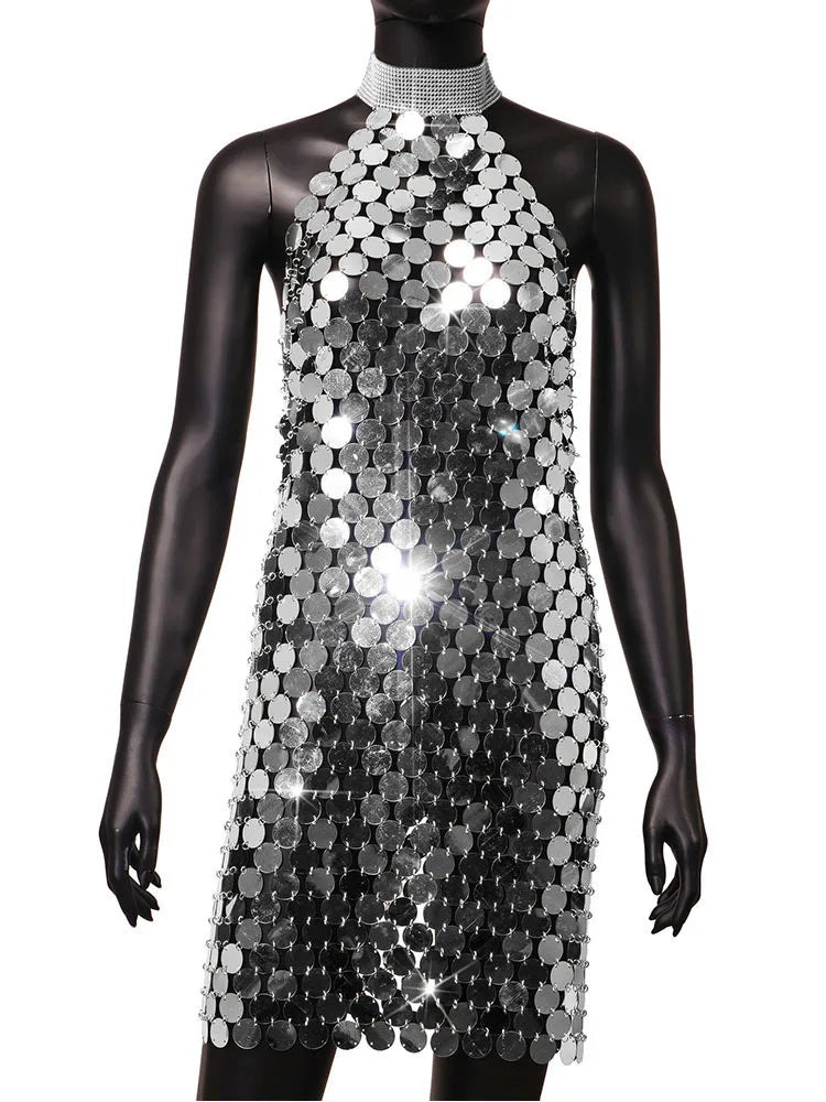 Vestido Curto De Lantejoulas Gola Halter Prata