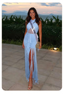 Vestido Longo Franzido de Malha com Recortes e Franjas Azul