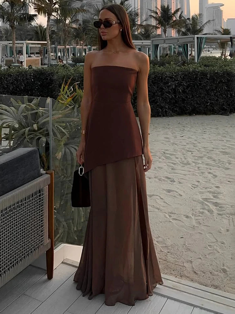Vestido Longo Tomara Que Caia Assimétrico Sobreposto Marrom
