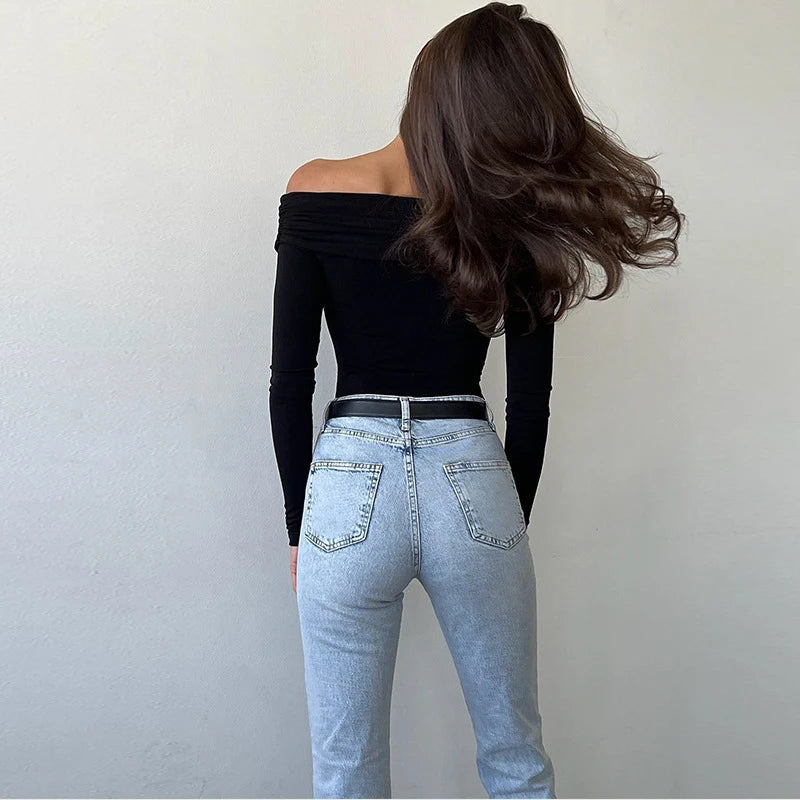 Body De Malha Ombro A Ombro Manga Longa Branco